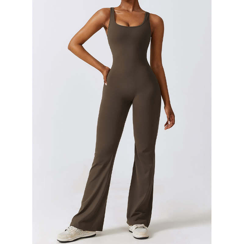 Women Workout Sleeveless Jumpsuit Flare Pants Sports Fitness Yoga Bodysuit