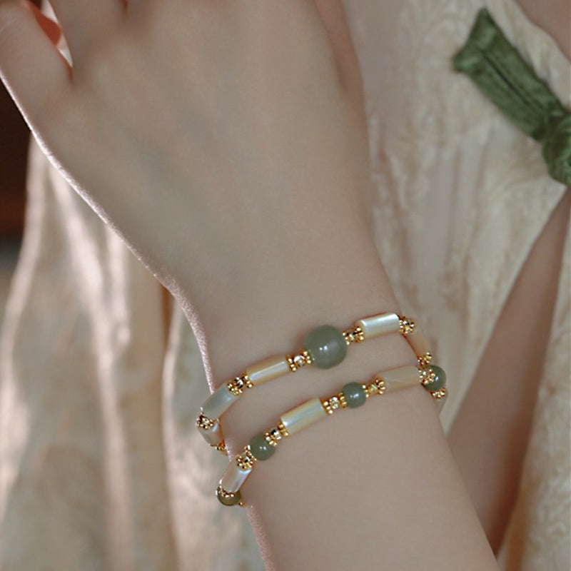 14K Gold Plated Tridacna Stone Hetian Jade Bead Bamboo Pattern Bracelet