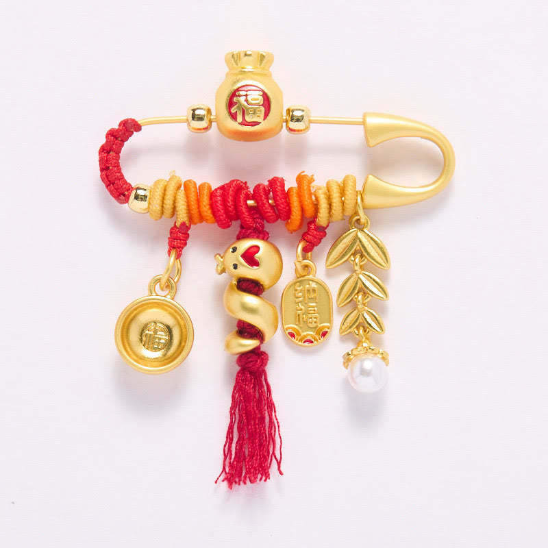 Copper Year Of The Snake Tassels String Spike Fu Bowl Lucky Fortune Bag Brooch