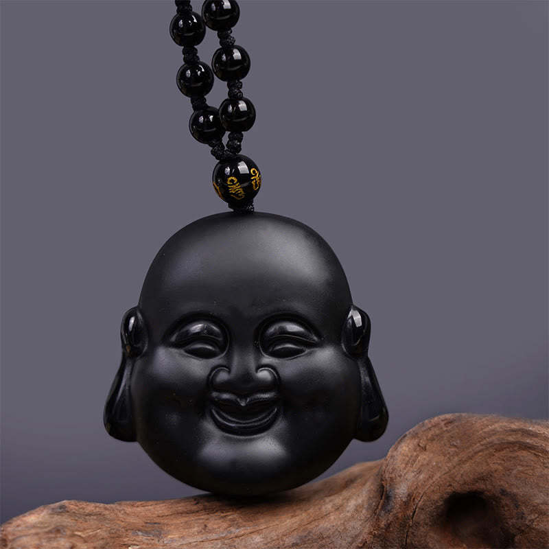 Natural Black Obsidian Laughing mystic zen Purification Necklace Pendant