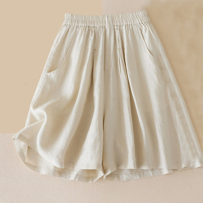 Casual Solid Plain Color Cotton Linen Women's Shorts With Pockets