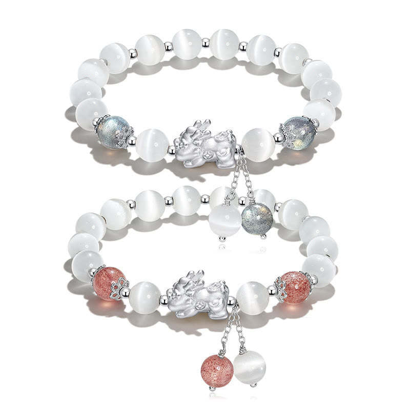 Natural Cat's Eye Moonstone Strawberry Quartz PiXiu Support Bracelet