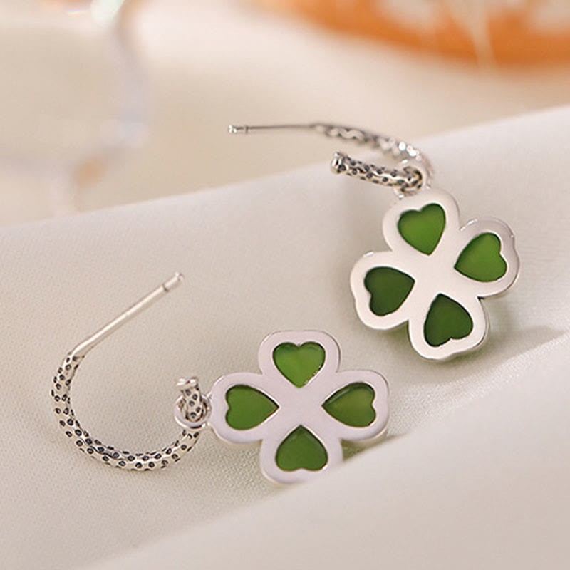 925 Sterling Silver Natural Cyan Jade Four Leaf Clover Luck Success Earrings