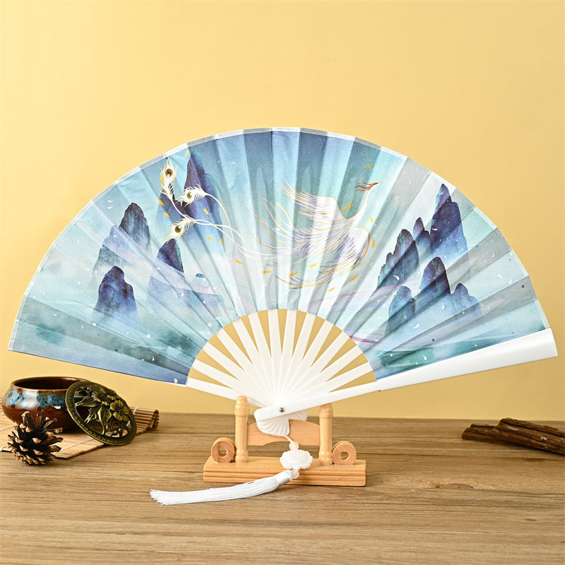 Dragon Phoenix Tiger Crane Eagle Wolf Koi Fish Handheld Folding Fan Lotus Tassel Fan