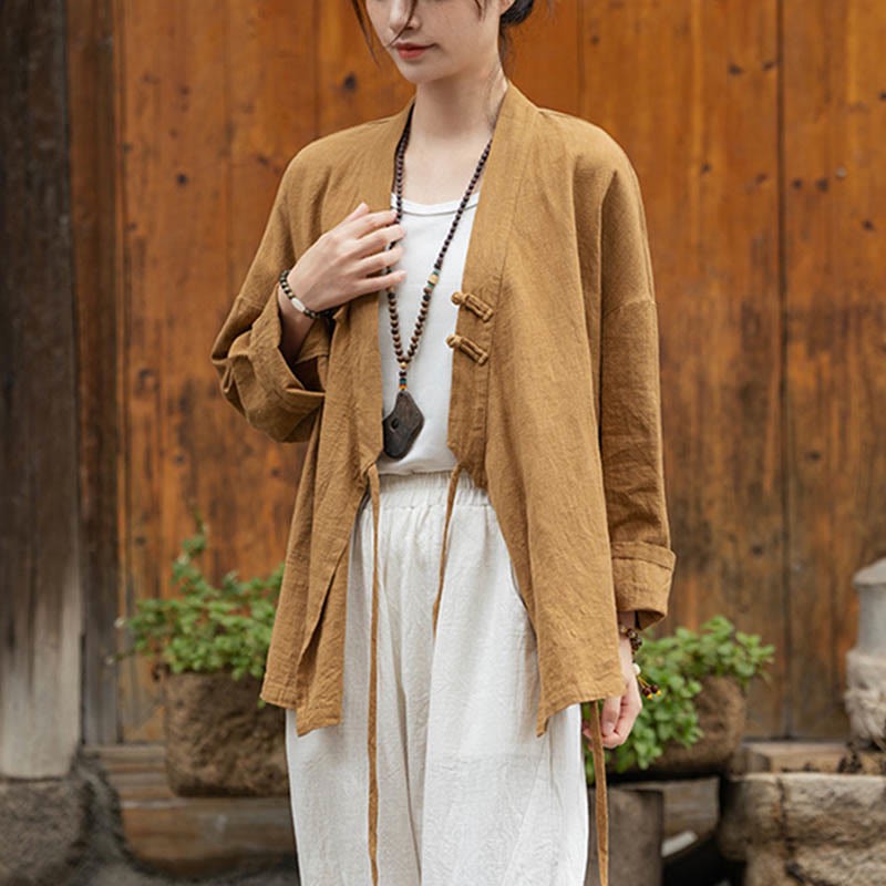 Frog-Button Hanfu Design Shirt Top Ramie Linen Jacket