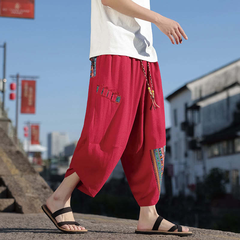 Bohemian Patchwork Pattern Cotton Drawstring Men's Wide Leg Pants With Pockets