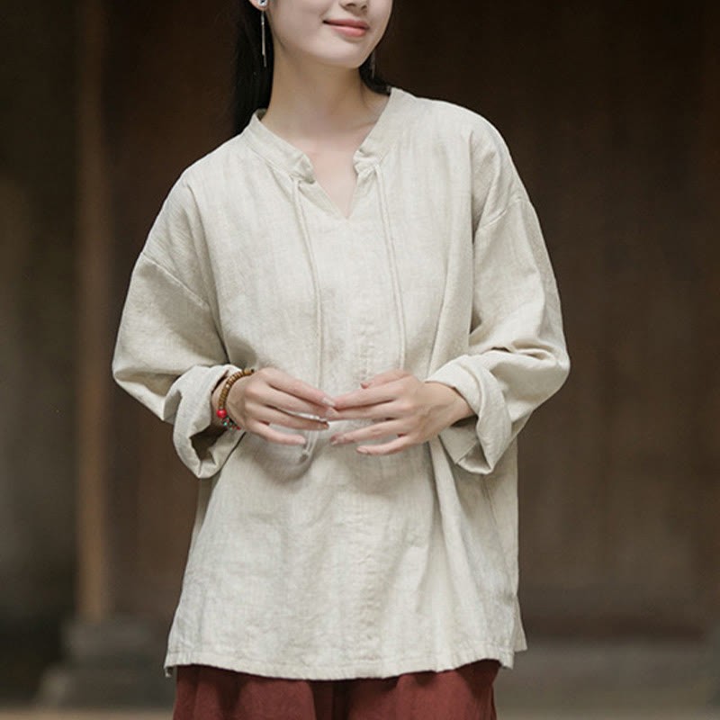 Retro Solid Color Long Sleeve Ramie Linen Women's Shirt