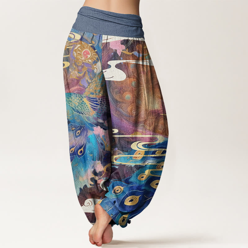 Vibrant Peacock Auspicious Clouds Pattern Women's Elastic Waist Harem Pants
