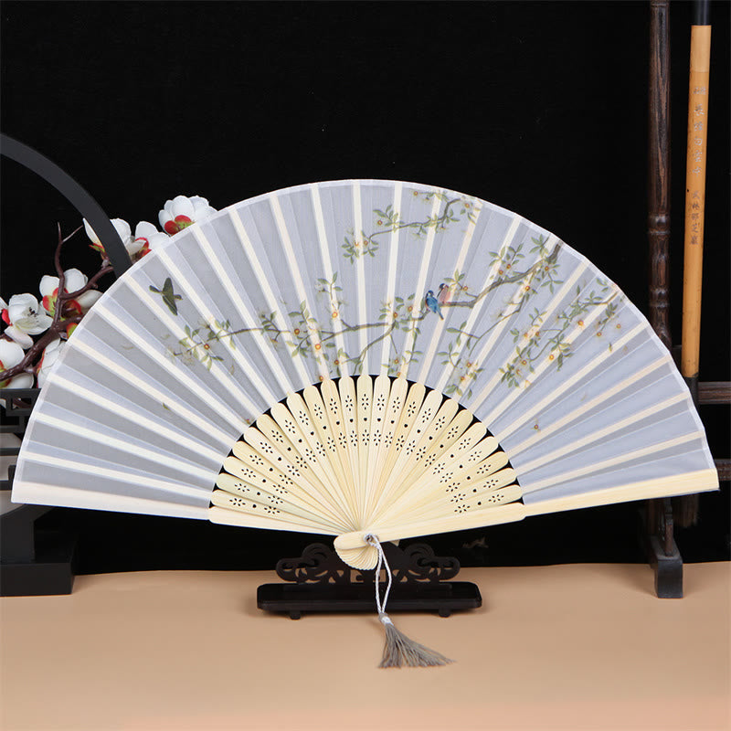 Classic Birds Singing Flowers Handheld Bamboo Folding Fan