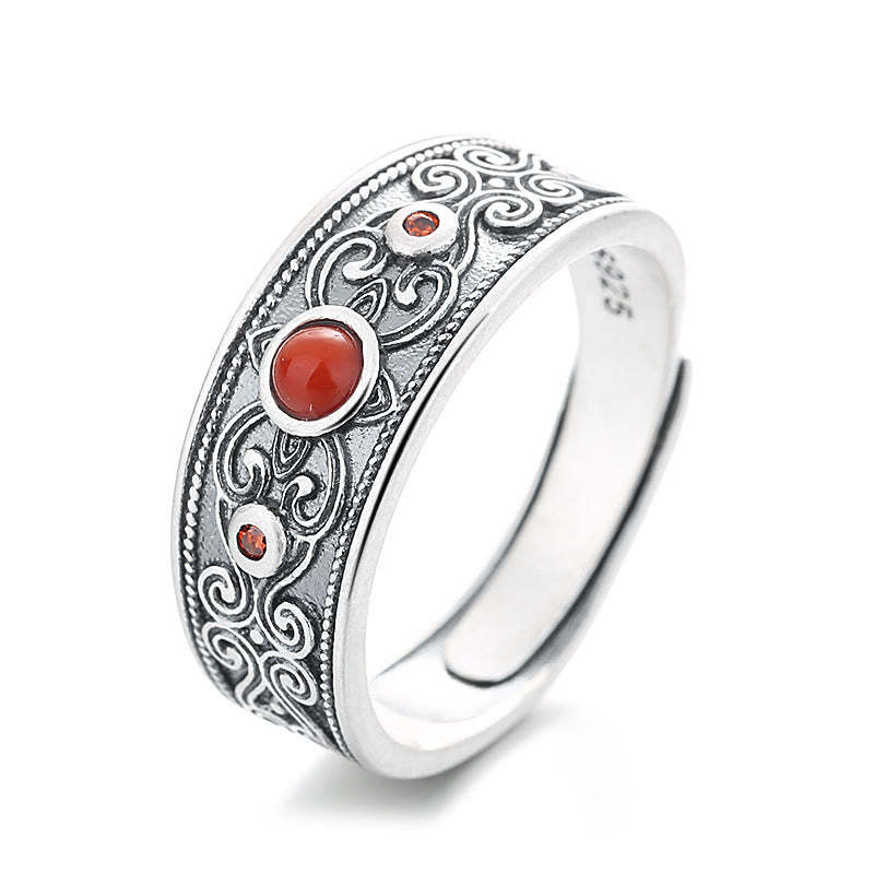 925 Sterling Silver Embedded Red Agate Auspicious Clouds Logical Thinking Ring