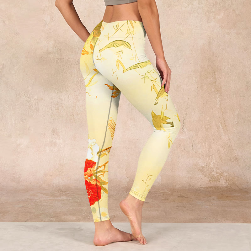 Light Yellow Peony Flowers Birds Print Sports Leggings Women's Yoga Pants