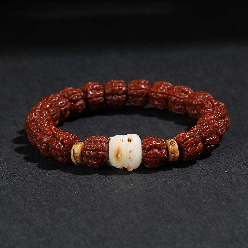Tibet Rudraksha Bodhi Seed Dzi Bead Lucky Cat Dancing Lion Wealth Bracelet Wrist Mala