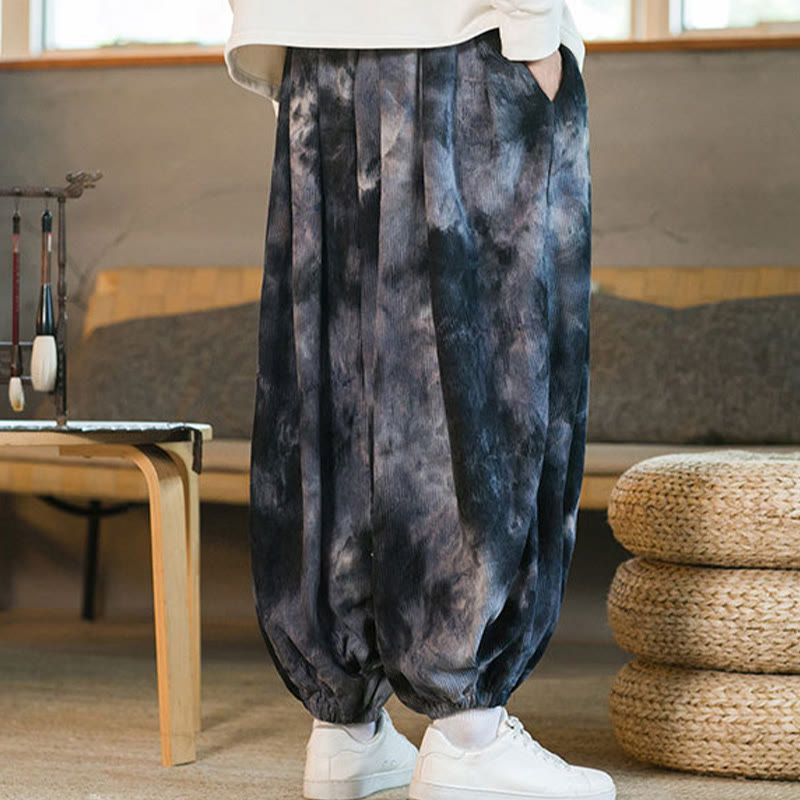 Ink Tie-dye Braided Drawstring Corduroy Cotton Men's Harem Pants With Pockets