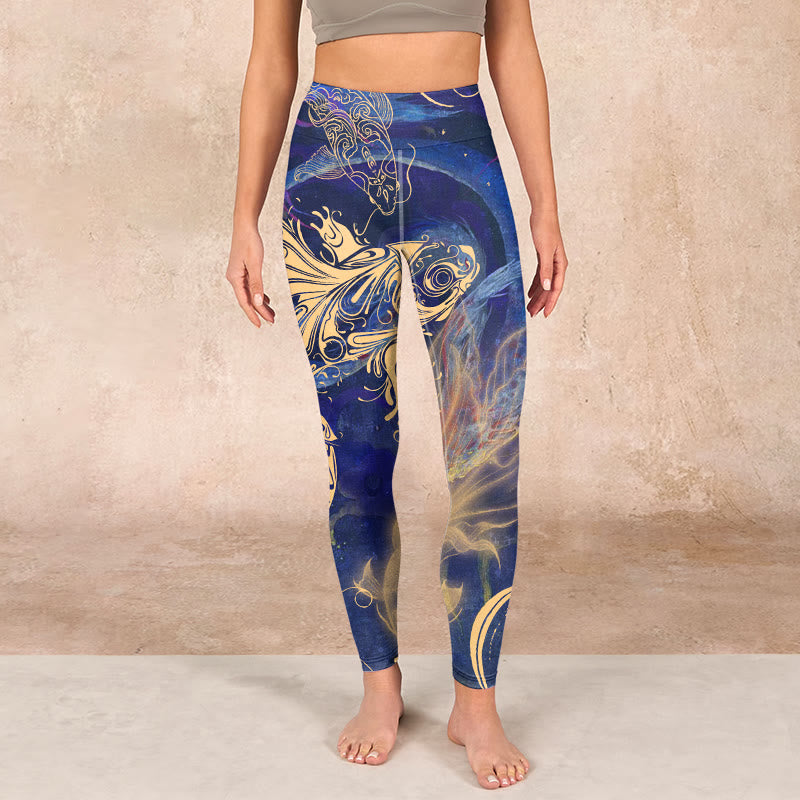 Blue Koi Fish Auspicious Clouds Print Gym Leggings Women's Yoga Pants