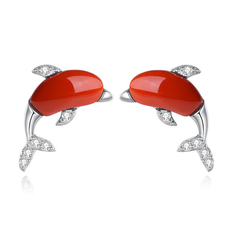 925 Sterling Silver Cute Dolphin Hetian Jade Red Agate Luck Necklace Pendant Ring Earrings Set