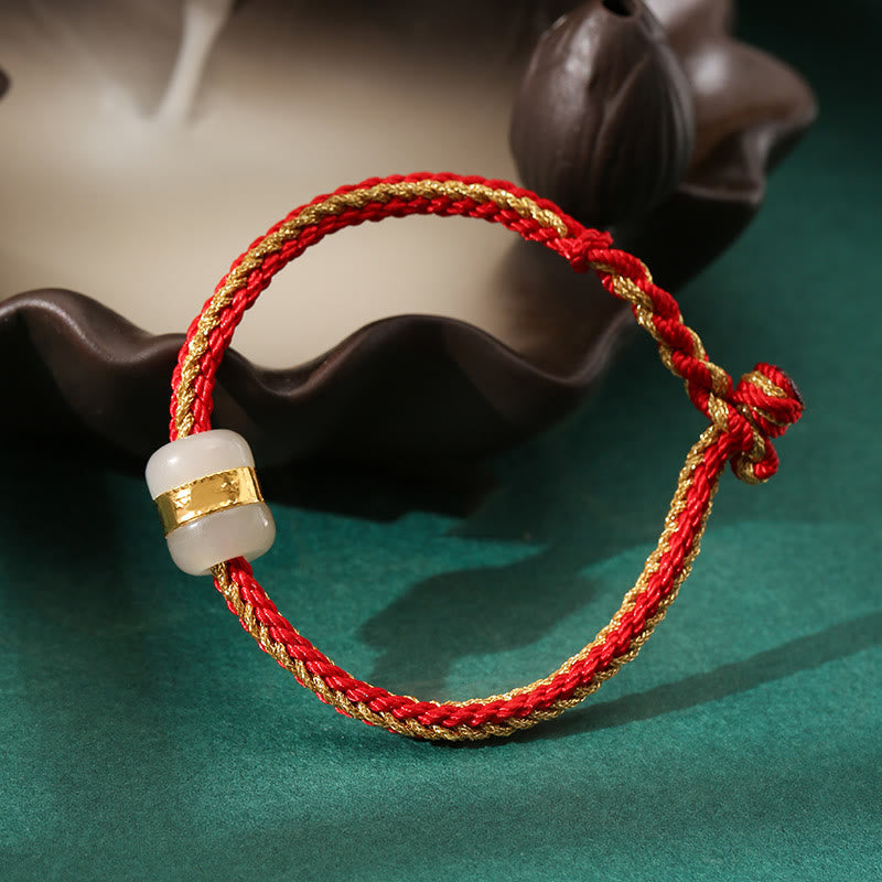 999 Gold Hetian White Jade Om Mani Padme Hum Fu Character Luck Braided Bracelet