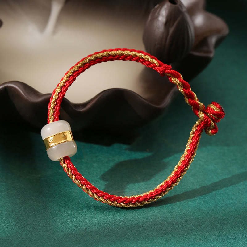 999 Gold Hetian White Jade Om Mani Padme Hum Fu Character Luck Braided Bracelet