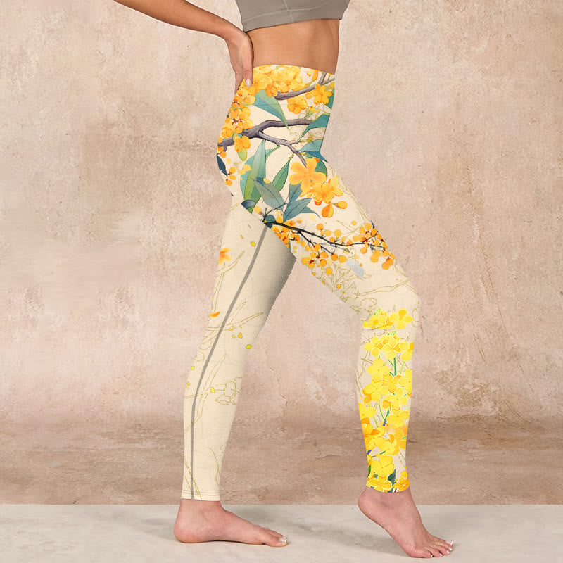 Yellow Osmanthus Fragrans Rapeseed Print Gym Leggings Women's Yoga Pants