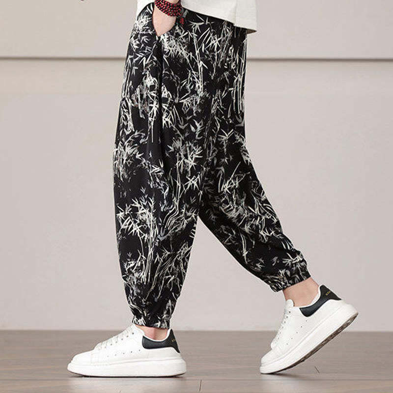 Bamboo Leaf Pattern Drawstring Men's Harem Pants With Pockets