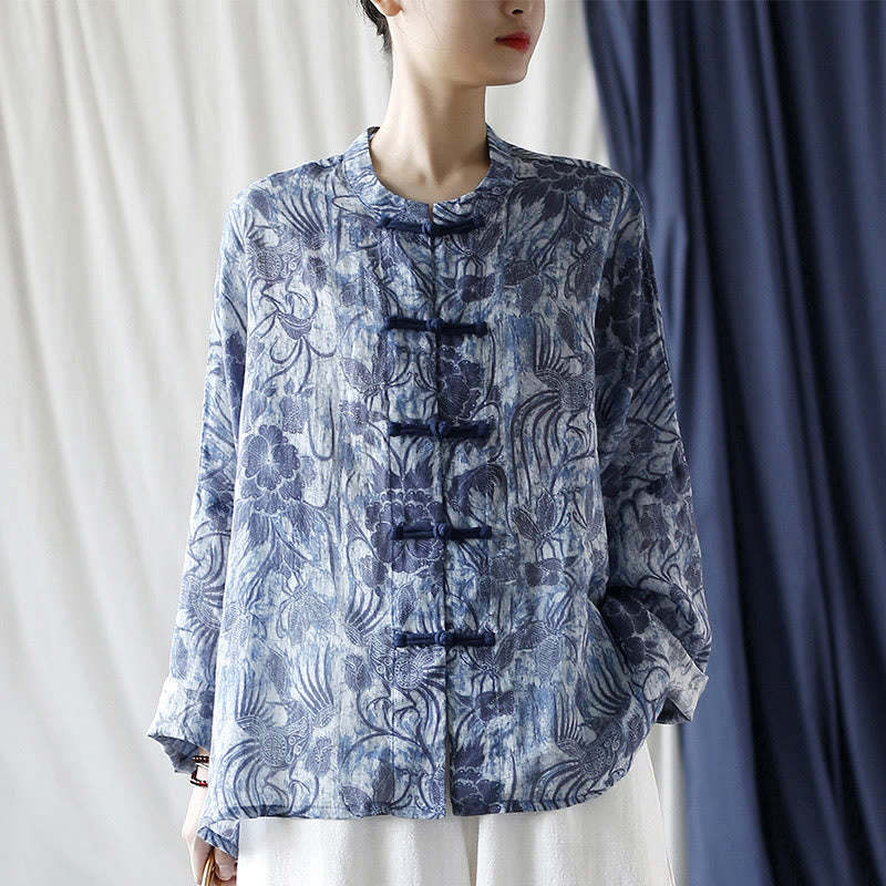 Retro Blue White Flowers Frog-Button Design Long Sleeve Ramie Linen Jacket Shirt