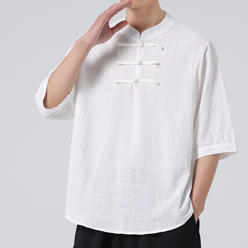 Frog-Button Plaid Pattern Chinese Tang Suit Half Sleeve Shirt Cotton Linen Men Clothing