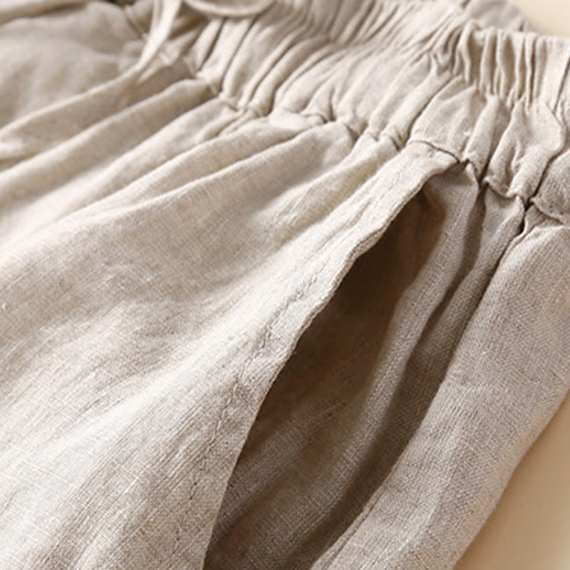 Plain Color Bottom Hollow Lace Design Lace-up Cotton Linen Women's Shorts With Pockets