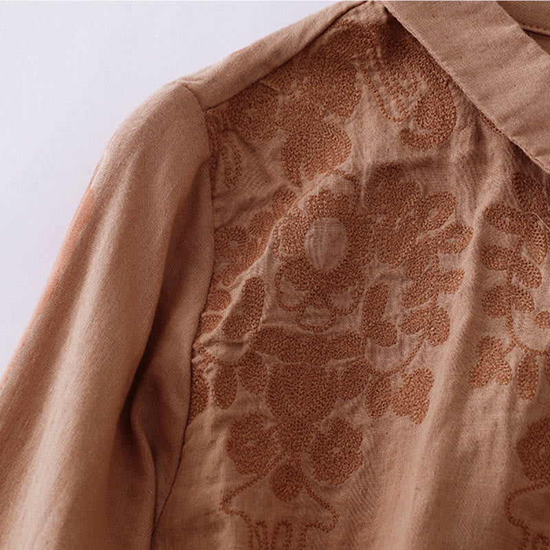 Literary Artistic Flower Embroidery Lapel Cotton Linen Clothing