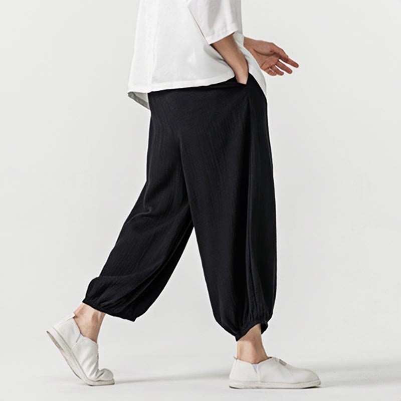 Soft Solid Color Drawstring Cotton Men's Pants With Pockets