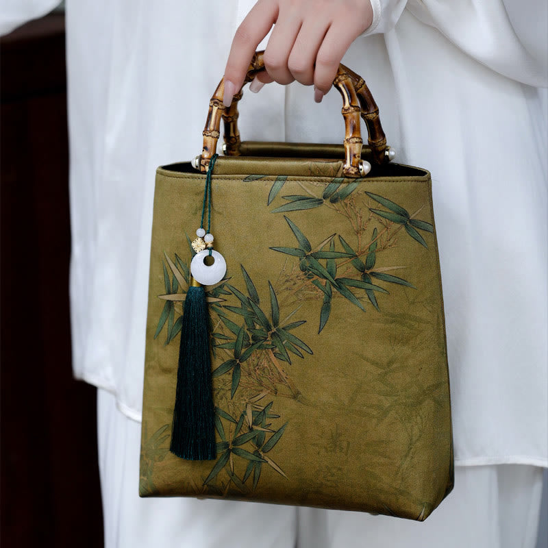 Bamboo Leaves Butterfly Koi Fish Bamboo Handles Handbag