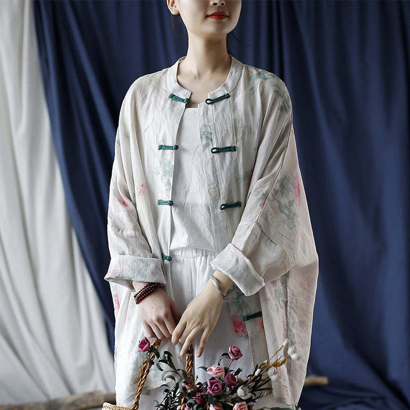 White Red Flowers Green Leaves Frog-Button Long Sleeve Ramie Linen Jacket Shirt