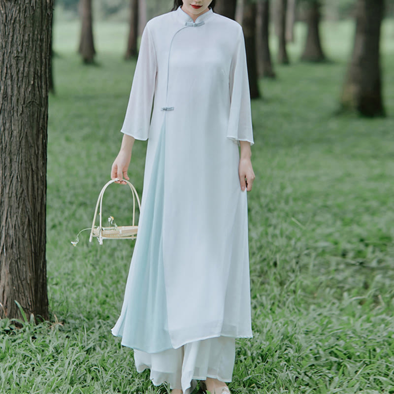 Three Quarter Sleeve Chiffon Cheongsam Midi Dress Wide Leg Pants Meditation Zen Practice Clothing