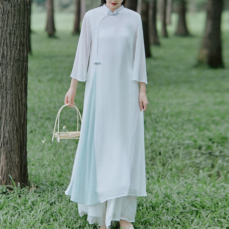 Three Quarter Sleeve Chiffon Cheongsam Midi Dress Wide Leg Pants Meditation Zen Practice Clothing