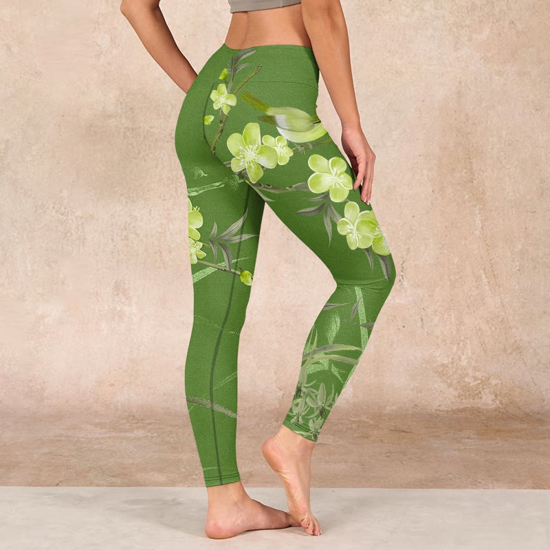 Magpie Flowers Branches Print Gym Leggings Women's Yoga Pants