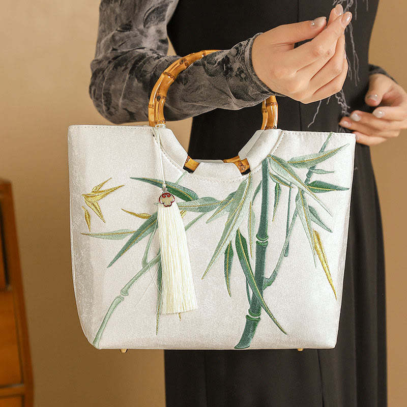 Embroidery Bamboo Handle Tassel Handbags