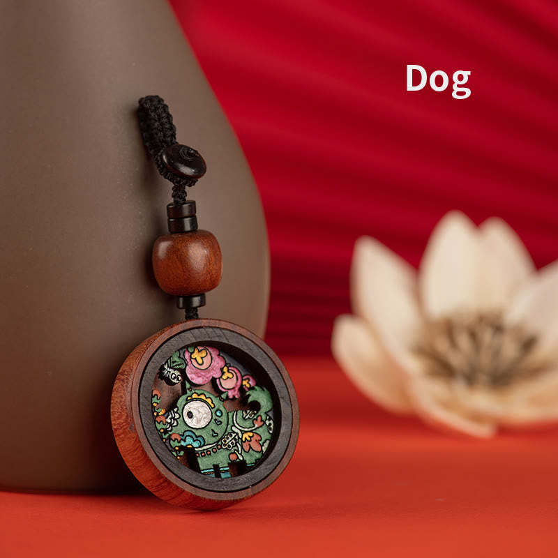 Year Of The Dragon Hand Painted Chinese Zodiac Rosewood Carved Calm Key Chain