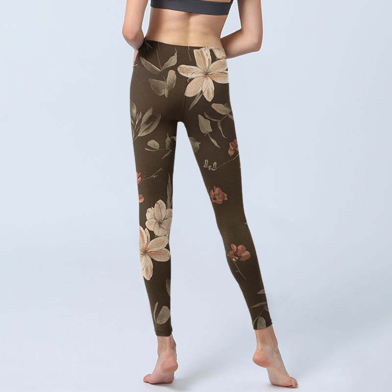 Purple White Flowers Leaves Blossom Print Gym Fitness Leggings Women's Yoga Pants