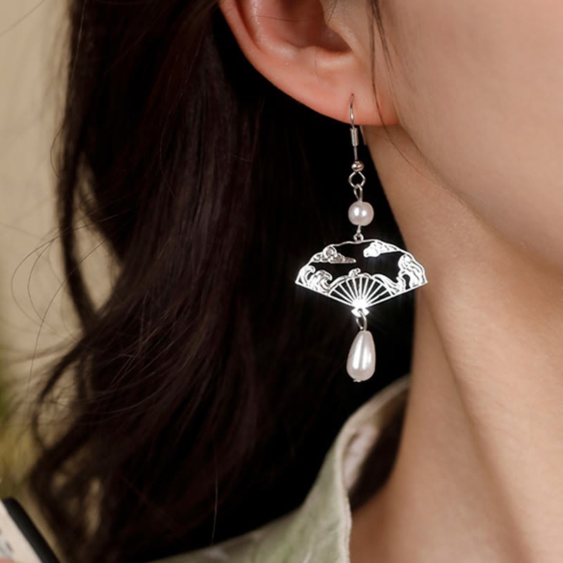 Copper Fan Auspicious Clouds Pearl Healing Drop Earrings