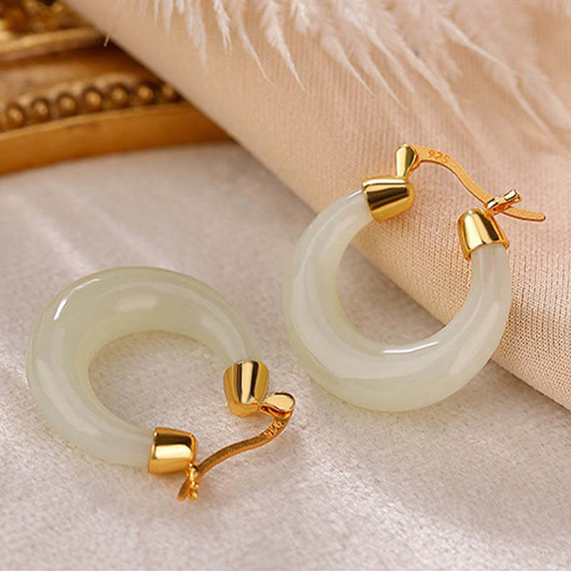Round Jade Cyan Jade Prosperity Luck Drop Earrings