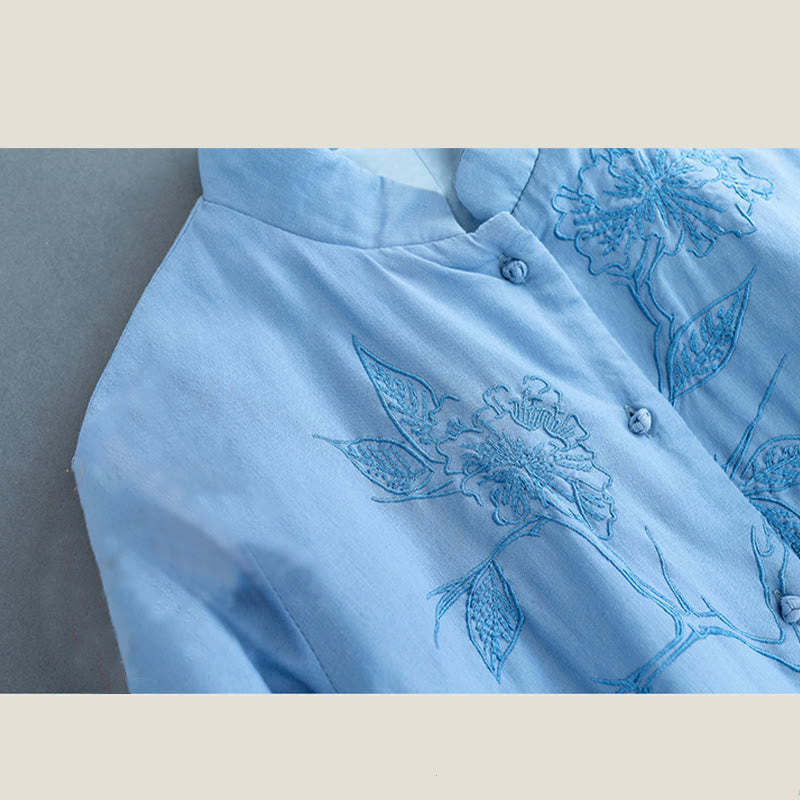 Retro Flower Design Thermal Long Sleeve Cotton Linen Women's Shirt