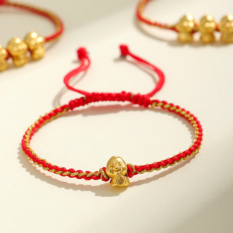 Handmade 999 Sterling Silver Golden Year Of Snake Fu Auspicious Clouds Ingot Copper Coins Red String Fortune Braided Bracelet