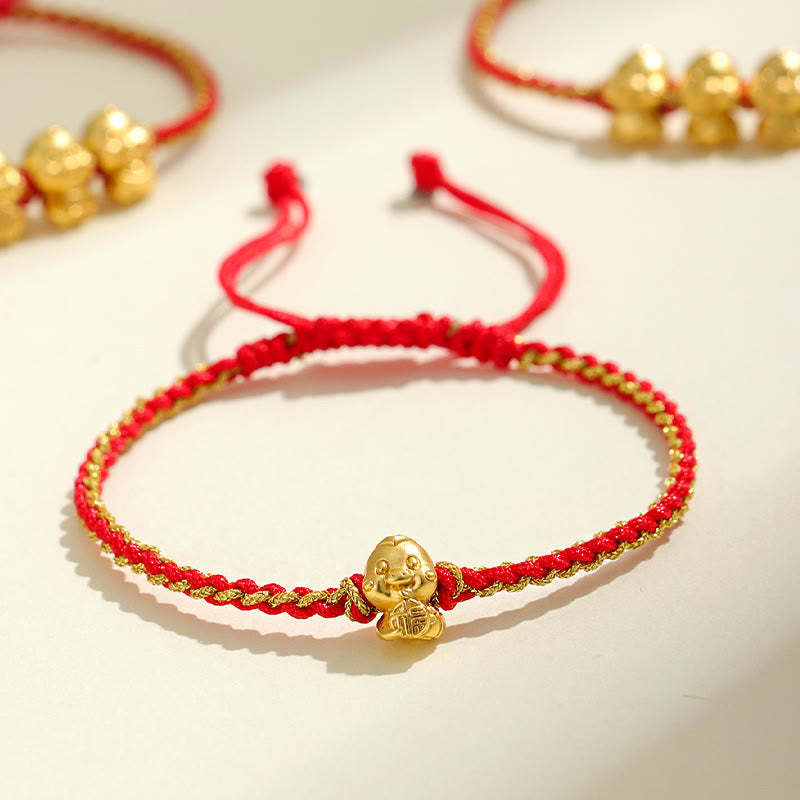 Handmade 999 Sterling Silver Golden Year Of Snake Fu Auspicious Clouds Ingot Copper Coins Red String Fortune Braided Bracelet