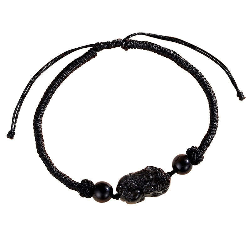 Handmade Natural Silver Sheen Obsidian Strawberry Quartz PiXiu Protection Braided Bracelet