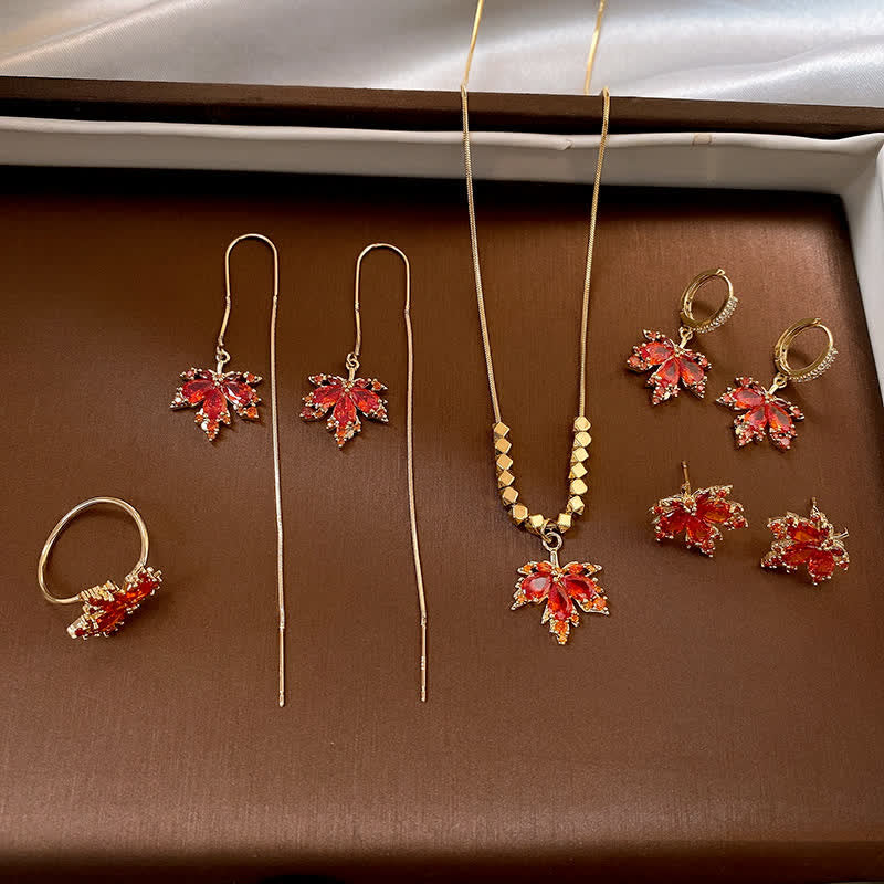 Maple Leaf Zircon Luck Necklace Pendant Ring Earrings
