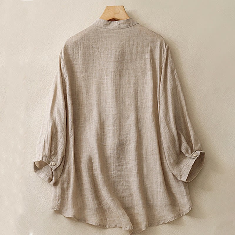 Casual Embroidered Plant Stand Collar Design Three Quarter Sleeve Women's Cotton Linen Shirt