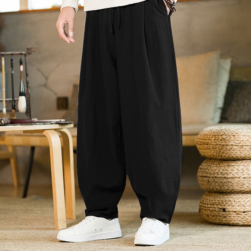 Solid Color Cotton Linen Drawstring Men's Harem Pants With Pockets
