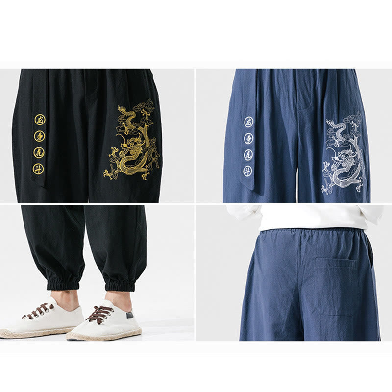 Auspicious Clouds Dragon Cotton Men's Pants With Pockets