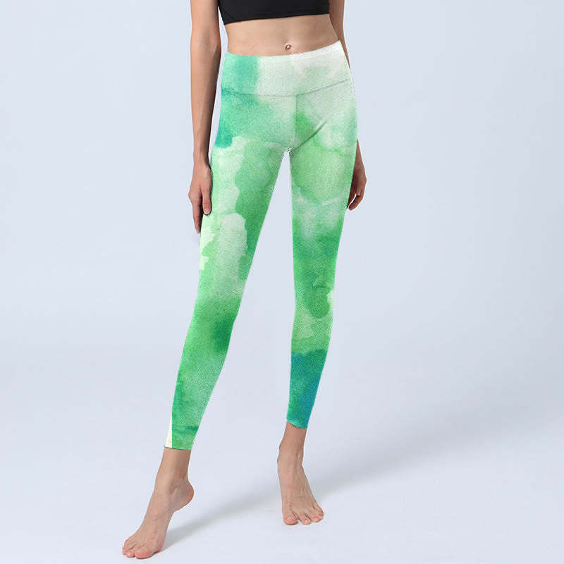Green Ink Wash Pattern Gym Leggings Women's Yoga Pants