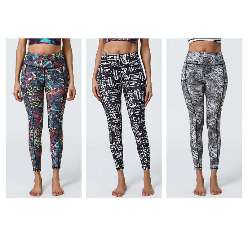 Rose Lines Tiger Leopard Print Sports Fitness High Waist Leggings Women's Yoga Pants With Pockets