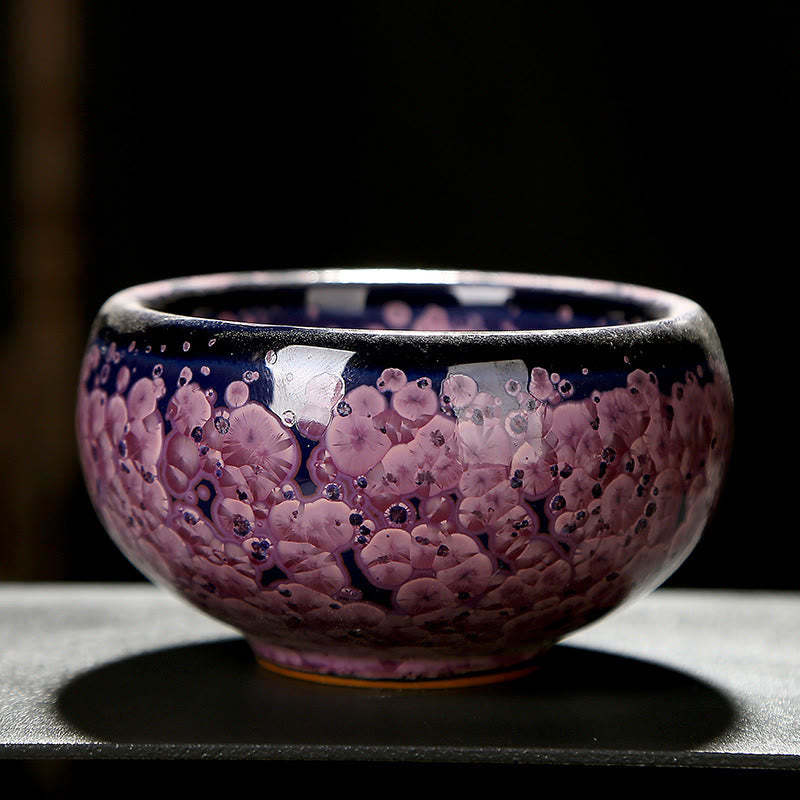 Colorful Iris Flowers Chinese Jianzhan Kiln Change Porcelain Teacup Tenmoku Kung Fu Tea Cup