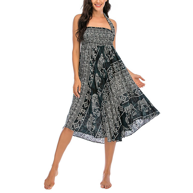 Two Style Wear Boho Elephant Geometry Lace-up Skirt Dress